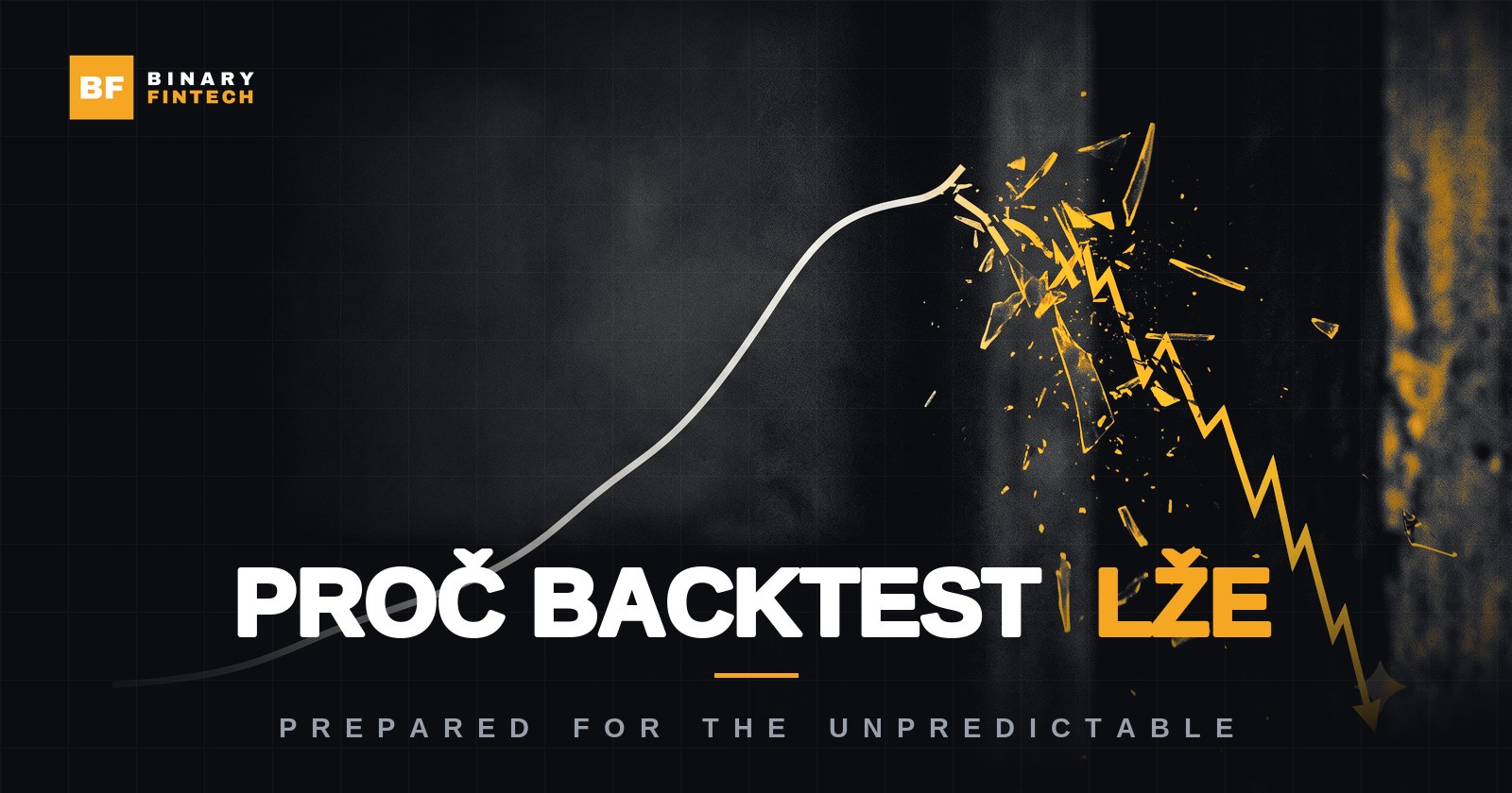 Vzestupná equity křivka backtestu se tříští do padající čáry — ilustrace k článku Proč backtest lže