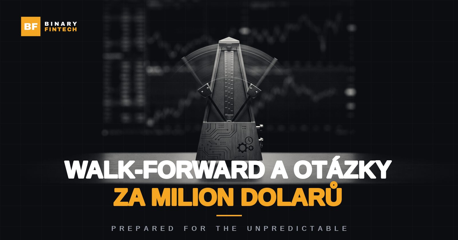 Mechanický metronom s rozmáchnutým kyvadlem na tmavém stole, v pozadí rozostřený burzovní graf — úvodní ilustrace k článku Walk-forward a otázky za milion dolarů