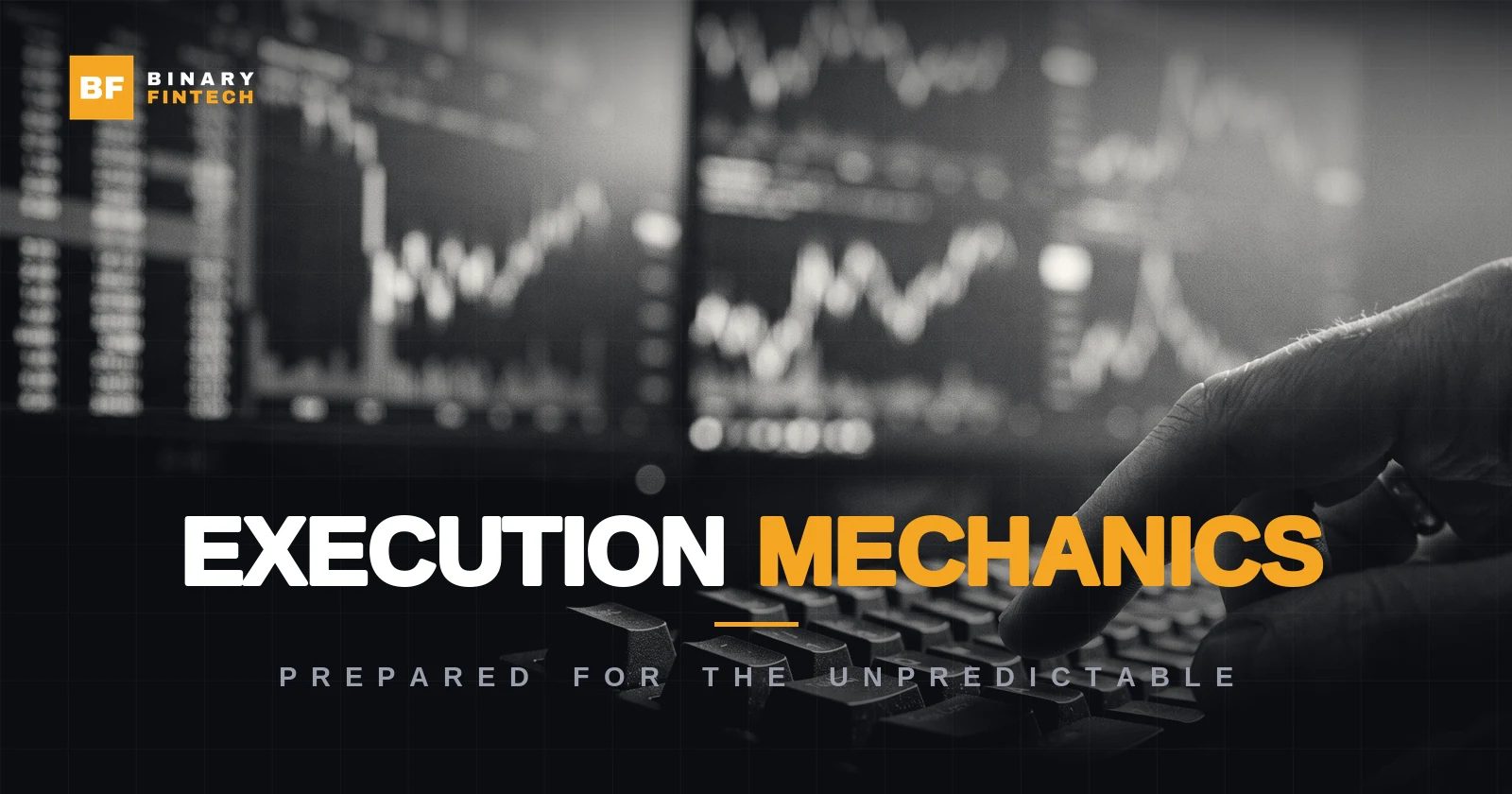 A hand over a keyboard a moment before sending an order, blurred trading screens with charts behind — cover illustration for the article Order execution mechanics