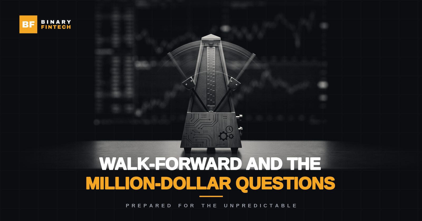 A mechanical metronome mid-swing on a dark desk, a blurred trading chart behind it — lead illustration for the article Walk-Forward and the Million-Dollar Questions